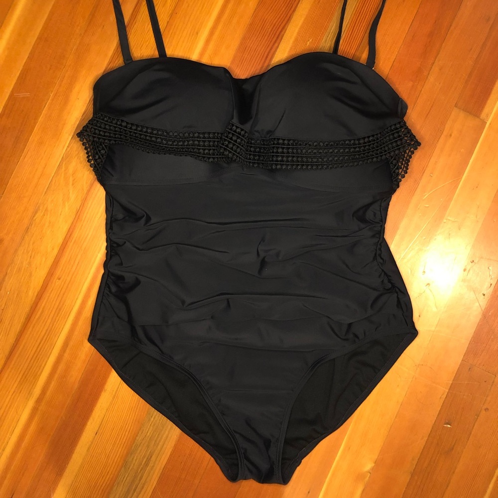 Kona Sol crochet flounce high coverage black one piece swimsuit XL